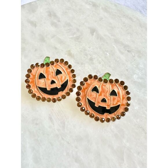 Halloween jack-o’-lantern stud earrings with rhinestone embellishment ￼ - Picture 1 of 2